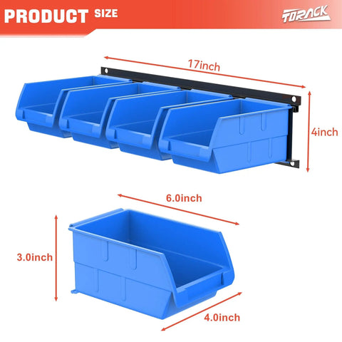 Wall Mounted Tool Organizer Bins With 8 Plastic Bins And 2 Metal Tracks For Garage And Craft Room Storage Visual Labels For Nuts Bolts Screws Easy Access And Neat Workspace In A Busy Shop Blue