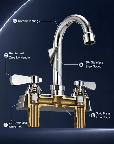 Heavy Duty Commercial Gooseneck Faucet Deck Mount Two Handle Solid Brass Build Chrome Finish Rust Resistant Kitchen Bath Sink Fixture Built Different For The Long Haul with chrome plated spout and brass body
