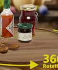 10 Inch Acacia Wood Lazy Susan Organizer Turntable with condiments, rotating feature highlighted for easy reach.