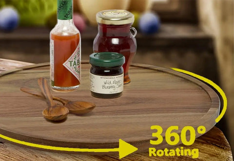 10 Inch Acacia Wood Lazy Susan Organizer Turntable with condiments, rotating feature highlighted for easy reach.