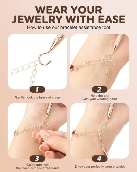 Using Portable Bracelet Helper Tool With Rubber Tip Clips And 1mm Round Hook For Necklaces Watches And Independent Jewelry Wear.