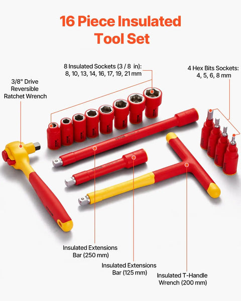 Hardcore 16-Piece Insulated Socket Set With 1000V Safety Rating includes 8 sockets, ratchet wrench, and extension bars.