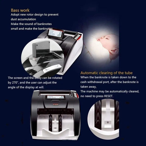 Top Tier Portable Money Counter With Legit Counterfeit Checker And Smooth Tilting Screen For All Major Bills showing adjustable screen and cash withdrawal port.