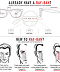 Ray-Ban size guide with measurements for lens width, bridge width, and temple length, including fitting tips using a credit card.