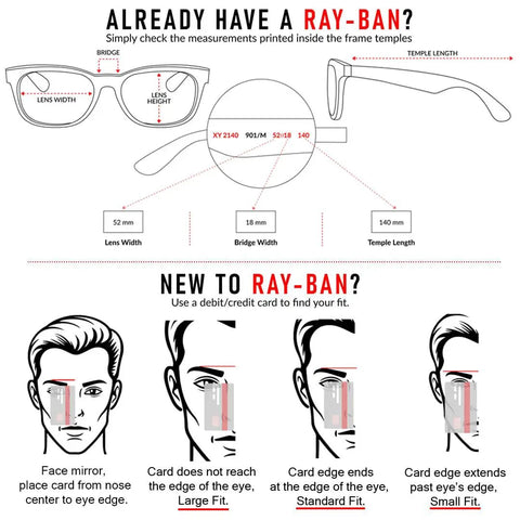 Ray-Ban size guide with measurements for lens width, bridge width, and temple length, including fitting tips using a credit card.