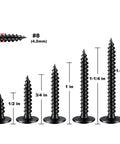 No Fuss Top Shelf Heavy Duty Workhorse Number 8 Black Truss Head Wood Screws assortment showing 5 lengths, 1/2 to 1-1/2 inches.