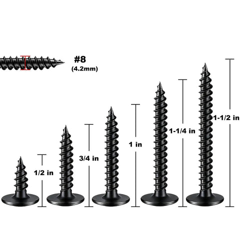 No Fuss Top Shelf Heavy Duty Workhorse Number 8 Black Truss Head Wood Screws assortment showing 5 lengths, 1/2 to 1-1/2 inches.
