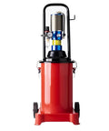 Pneumatic Grease Gun Featuring Heavy Duty 12L Tank And Punchy 80 To 1 Pressure Rating, compact design, red tank, wheels for mobility.