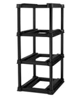 Four Tier Vertical Tote Storage Rack For Garage Organization Holds Four 27 Gallon Bins Heavy Duty Plastic Organizer With Easy Access No Stacking Design Space Saving Black