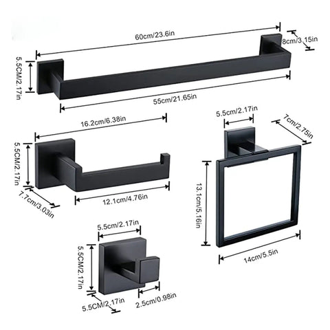 Matte Black 5 Piece Stainless Steel Bathroom Hardware Set With 23 Inch Towel Bar And Towel Rack Rustproof SUS 304 dimensions diagram