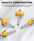 Four router bits from a 40 Piece Router Bit Set With Quarter Inch Shank For Woodworking on a white background.