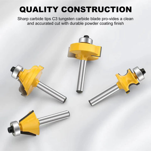Four router bits from a 40 Piece Router Bit Set With Quarter Inch Shank For Woodworking on a white background.