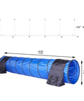 Beginner Dog Agility Kit With Jumps, Tire Jump, Weave Poles, 10 Ft Tunnel With 4 Sandbags showing blue tunnel and height dimensions