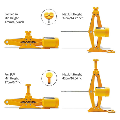 Top Tier Professional Heavy Duty Electric Car Jack with details for sedans and SUVs, showing lift heights, yellow design.