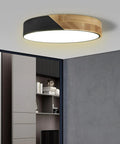 Round Wood Grain Black Flush Mount Ceiling Light 12 Inch 24W LED Fixture, Warm White 3000K, Not Dimmable, Sleek Modern Minimalist