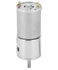 Ultra Quiet DC Gear Motor 24V With All Metal Gears And Pure Copper Coils For Industrial Low Speed High Torque Projects Plus Automatic Safety Cut Off viewed from side showing metal casing and output shaft.