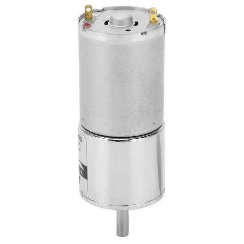 Ultra Quiet DC Gear Motor 24V With All Metal Gears And Pure Copper Coils For Industrial Low Speed High Torque Projects Plus Automatic Safety Cut Off viewed from side showing metal casing and output shaft.