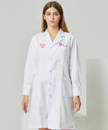Woman wearing a Customizable Lab Coat For Men And Women, Personalize With Icon, Name, And Photo, Unisex Medical Coat