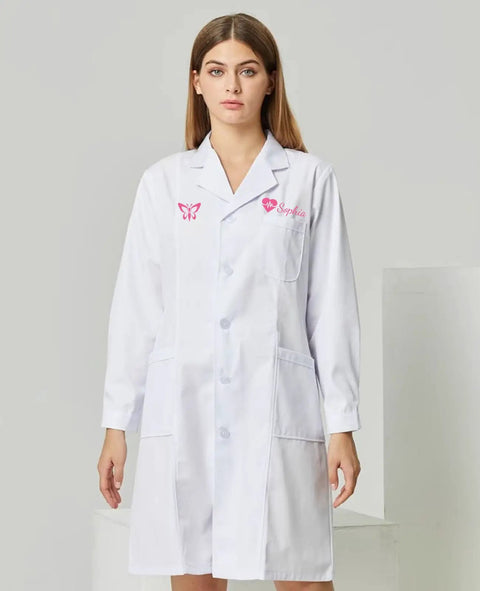 Woman wearing a Customizable Lab Coat For Men And Women, Personalize With Icon, Name, And Photo, Unisex Medical Coat