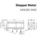 NEMA 24 closed-loop stepper motor with brake; side and front blueprint views showing wiring and mounting holes.