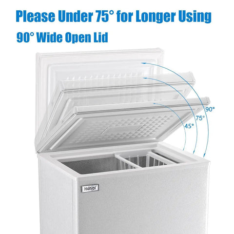 3.5 Cubic Feet Deep Chest Freezer With Adjustable Thermostat Compact Freestanding Mini Freezer In Black with open lid angle showing internal storage.