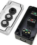 Interior view of 3 Button Industrial Control Station with up and down arrows center stop button built tough white and black housing