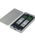 Dual M2 NGFF Raid Enclosure For Sata Iii Drives Featuring Usb Three Point One Type C Port showing open aluminum casing with two SSDs inside.