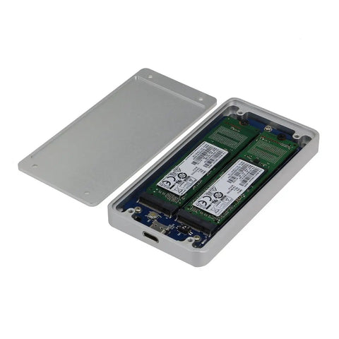 Dual M2 NGFF Raid Enclosure For Sata Iii Drives Featuring Usb Three Point One Type C Port showing open aluminum casing with two SSDs inside.