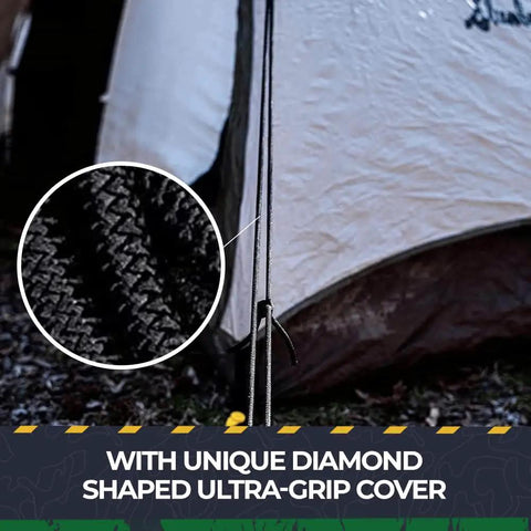 Close-up of Diamond Grip Black Bungee Cord One Eighth Inch by One Hundred Feet Ultra Stretch Elastic Shock Cord used for tent securing.