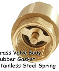 Brass inline spring check valve with rubber gasket and stainless steel spring, close-up view