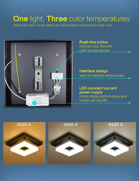 8 Inch Flush Mount LED Ceiling Light 12W Modern Square Black Fixture With Three Color Temperatures 3000K 4000K 6500K