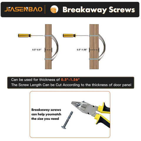 Diagram showing breakaway screws with adjustable lengths for different door panel thicknesses, including pliers and screws.