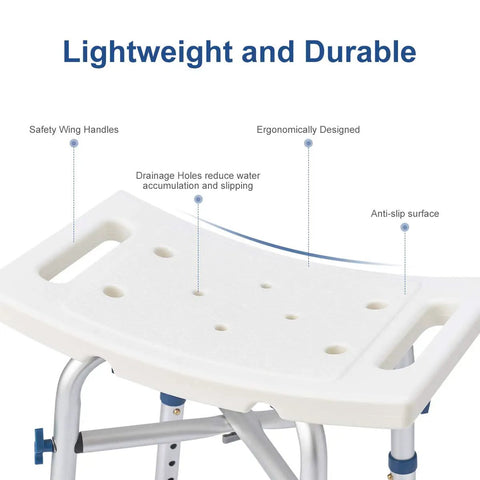 Close-up of heavy duty shower chair for bathtub with 500lb capacity adjustable height, no tools needed, non slip seat, anti slip feet.