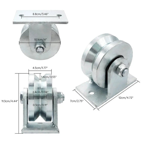 Knockout 4 Inch Galvanized Steel V Groove Gate Wheel With Welded Bracket Handles 3000 Pounds Loaded Down Hard With Premium Sealed Bearings, detailed dimensions.