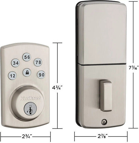 Powerbolt 907 Keyless Entry Deadbolt Electronic Door Lock With 6 Button Keypad Auto Locking And Keyed Pick Resistant SmartKey ReKey Security Technology Satin Nickel Finish - front and back view with dimensions