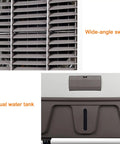 Close-up of Heavy Duty Portable Swamp Cooler With 750 Watt Motor and 23.7 Gallon Tank showing wide-angle swing and water tank.