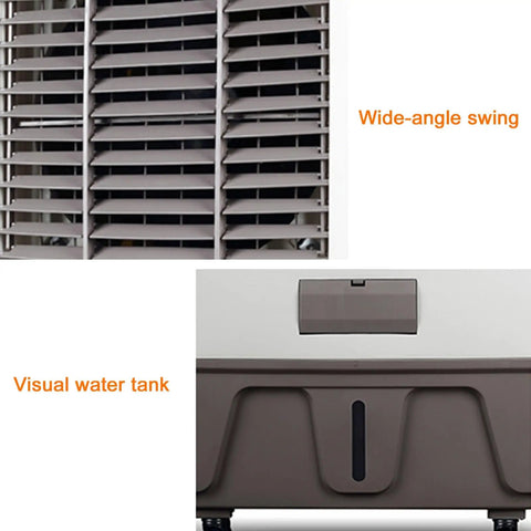 Close-up of Heavy Duty Portable Swamp Cooler With 750 Watt Motor and 23.7 Gallon Tank showing wide-angle swing and water tank.