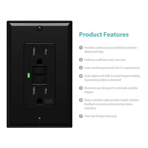 2 Pack Self Test GFCI Outlets Tamper Resistant And Weather Resistant Receptacles With LED Indicator; product features list.