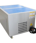 Straight Up Heavy Duty Metal Working Downdraft Table With Dual Drum Dust Collector And Welding Fume Extractor For Industrial Shop Grinding And Multi Stage Filtration 3KW 220V, portable extraction unit with perforated blue top.