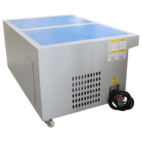 Straight Up Heavy Duty Metal Working Downdraft Table With Dual Drum Dust Collector And Welding Fume Extractor For Industrial Shop Grinding And Multi Stage Filtration 3KW 220V, portable extraction unit with perforated blue top.
