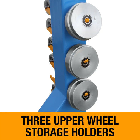 Heavy Hauler 45 Inch English Wheel for Metal Fabbing Shapes with three upper wheel storage holders on a blue frame.