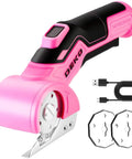 Total Game Changer Cordless Electric Box Cutter Rechargeable Power Scissors Dead Pink with two spare blades and charging cable.