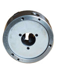 Front view of a 160mm metal four-jaw lathe chuck with central bore and mounting holes