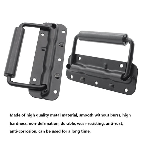 Two Pack Spring Loaded Chest Handle Pulls With Rubber Grip Surface Mount For Chests Trunks Crates And Storage Boxes Heavy Duty Thickened 2mm Iron Hardware Built To Last And Ready For Rough Indoor Outdoor Use, front view showing black iron handles.