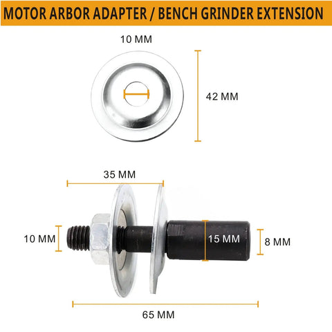 Pro Real Deal 8mm To 10mm Bench Grinder Shank Adapter Kit with metal arbor, showing 10mm and 8mm dimensions for precise fitting.