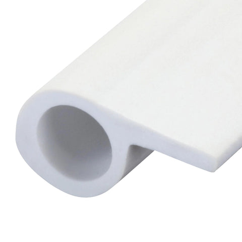 Close-up of white vinyl weatherseal gasket with hollow cylindrical profile for doors and windows