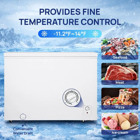 Roomy 14 Cubic Foot Top Load Chest Freezer With Drop Dead Cold Seven Level Temp Dial and Zero Hassle Energy Savings on a snowy background.