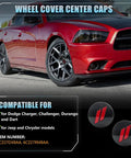 63mm Wheel Center Cap Slash Covers Black Red For Dodge Charger Challenger Durango Hornet Dart RT SRT Magnum Nitro Journey Caliber Avenger Hub Cap Emblem Badge Replacement Set on a Dodge Charger with compatibility list shown.
