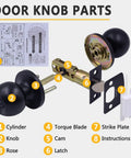 Door knob parts layout showing 8 Pack Matte Black Privacy Door Knobs Interior Passage Round Lockset for Bedroom and Bathroom No Key Needed with Adjustable Latch Fits Common Backsets Easy Install Includes Screws and Instructions
