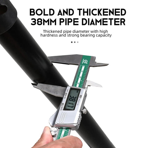Caliper measuring 38mm pipe diameter of Heavy Duty Bike Repair Stand With Hook Mount, showing stable iron column.